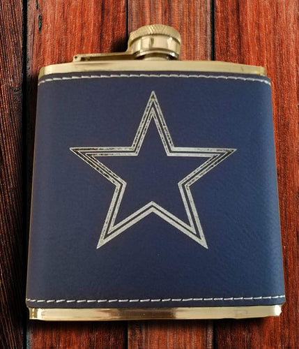 Blue/Silver Faux Leather Stainless Steel Flask with Double Star - HoukWalker Originals